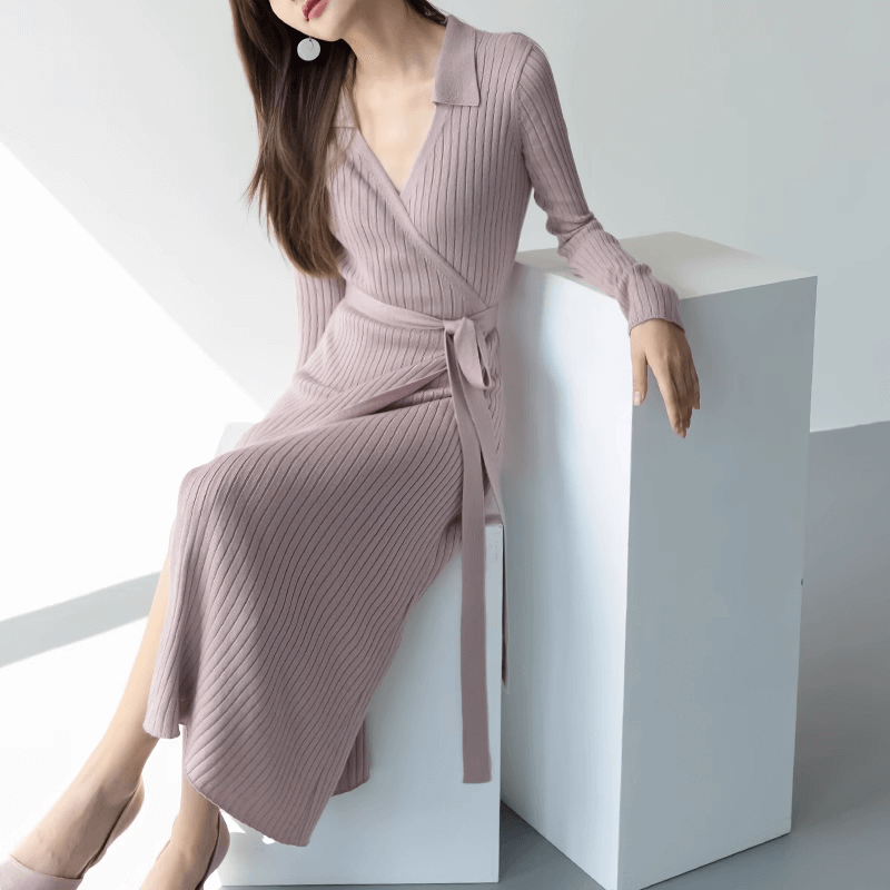 Knocking out slim and gentle long wool dress with Polo collar, one piece lace up knit long skirt