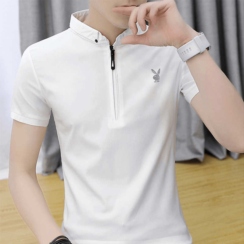 PLAYBOY Short sleeved T-shirt for Men's 2023 Summer Ice Silk T-shirt for Men's Standing Neck Casual POLO Bottom Shirt Top Solid Color Clothes